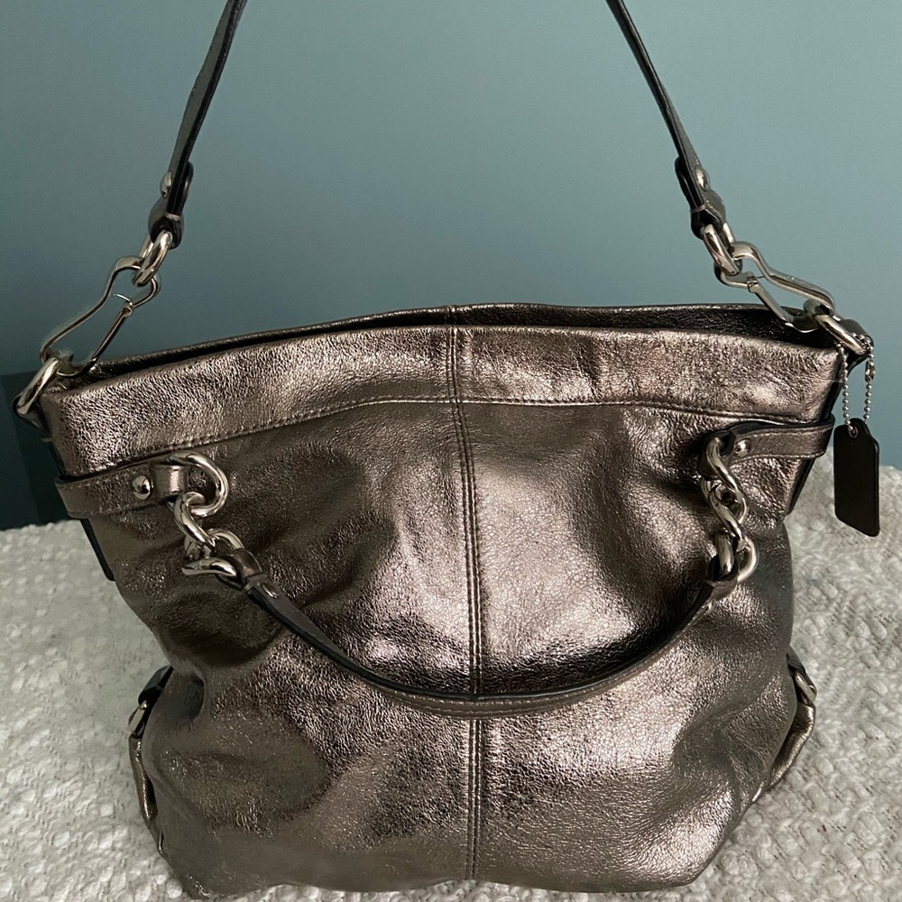 Coach full leather metallic silver hobo bag